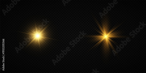Glowing Golden Star Light Effect with Sparkle Rays and Lens Flare Illumination on Transparent Background
