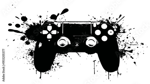 Abstract Black Video Game Controller with Grunge Paint Splatter Design. Modern Monochrome Gaming Joystick Art.