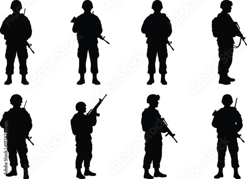 Silhouette of eight soldiers in various poses with rifles, representing military and defense.