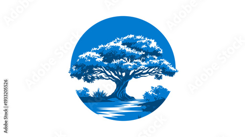 Stylized majestic tree by water in a blue circle icon, vibrant vector illustration representing nature, life, and environmental growth.