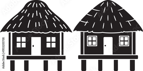 Silhouette tropical huts on stilts black iconic homes