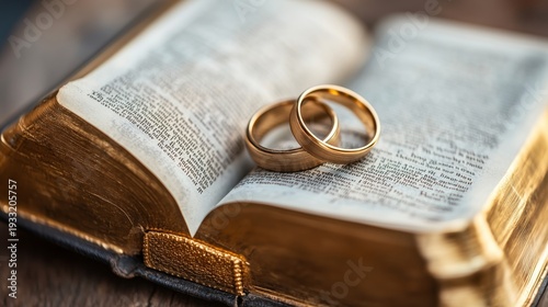 Wedding Rings Placed on a Bible During a Ceremony in a Church Setting