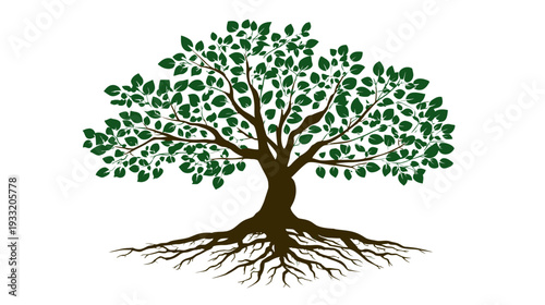 Vibrant green tree illustration with intricate roots and lush leaves, isolated on white. Symbolizing nature, growth, life, and stability.