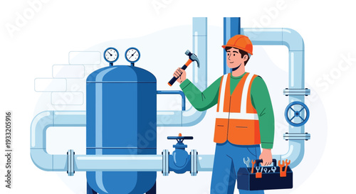 Worker in hard hat and vest holding hammer and toolbox, standing next to large blue water filter and pipes with valves, gauges
