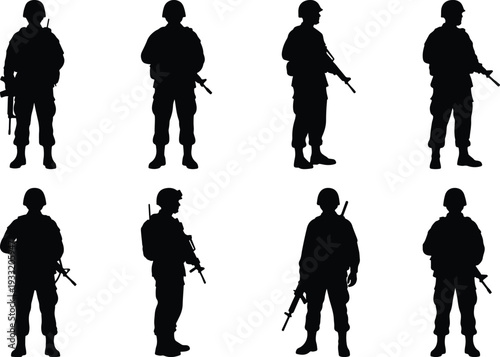 Eight diverse silhouette figures of soldiers in military uniform, holding firearms, isolated on a clean white backdrop.