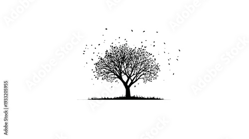 Stylized black and white illustration of a tree with numerous falling leaves, depicting autumn or seasonal change