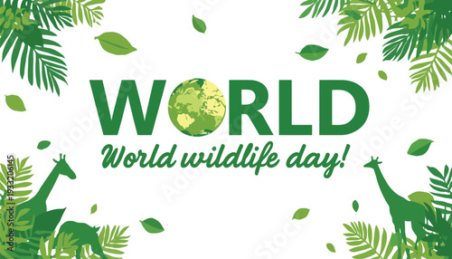 Green globe wildlife day illustration with tropical leaves giraffes and nature conservation design for awareness celebration