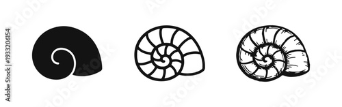 Set of Snail Shell Icons in Different Styles - Solid, Outline, and Hand-Drawn Vector Illustration