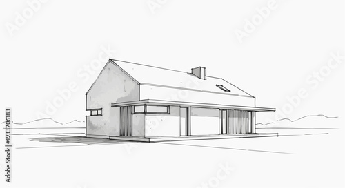 A simple line drawing of a modern house with a gable roof and large garage