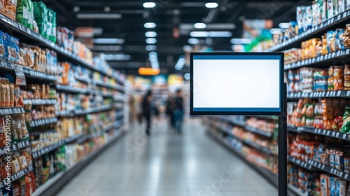 People Shopping in a Supermarket Aisle With Empty Signboard in Focus