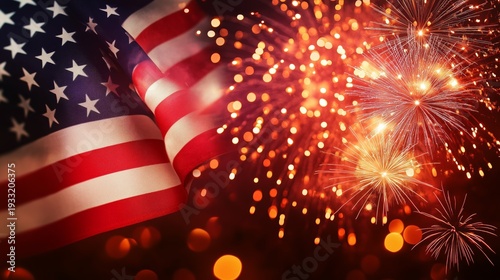 Fireworks Display With an American Flag During Celebrations at Night in the U...