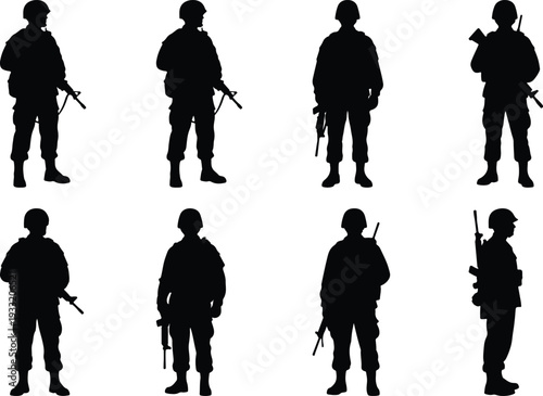 Set of eight distinct soldier silhouettes in tactical gear, holding assault rifles, showcasing different stances and readiness for action, symbolizing modern warfare.