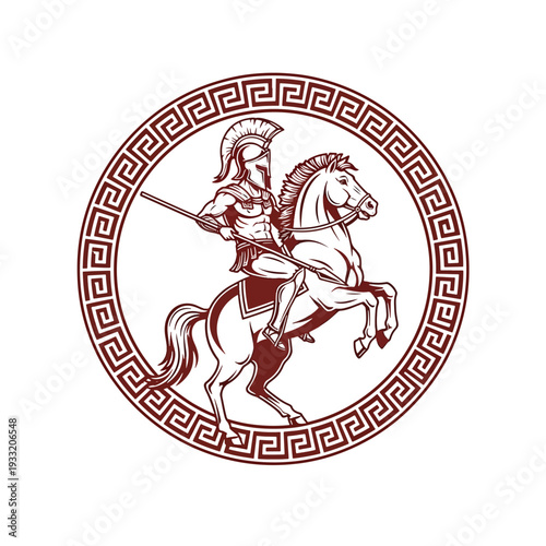 Valiant ancient warrior on a rearing horseback with spear illustration within a classic meander circular frame
