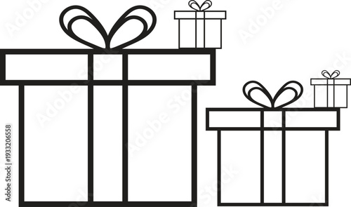 A set of three gift boxes with ribbons and bows on top for presents