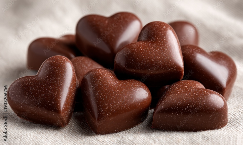 Fototapeta premium Heart-Shaped Chocolate Sweets on Textile Surface in Studio Setting for Still Life