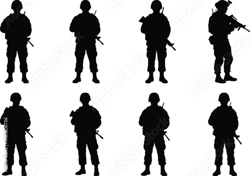 Collection of eight black silhouette figures of soldiers in combat uniforms, holding rifles, standing in various poses, symbolizing military power and national security.