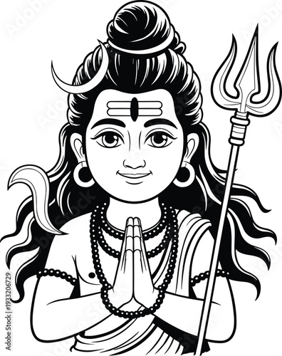 Lord Shiva Hindu Deity Line Art Illustration with Trident and Prayer Hands for Spiritual Coloring Book Vector Design on White Background