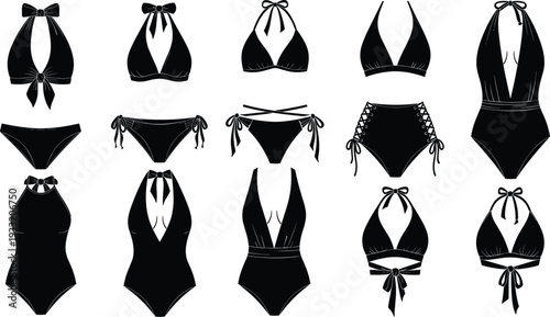 Black bikini and one piece swimsuit silhouettes set, women swimwear collection vector illustration isolated on white background