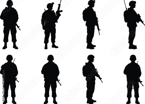Compilation of eight soldier silhouettes in military attire, holding firearms, standing in different positions, conveying a sense of vigilance and readiness for duty.