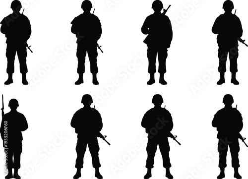 Set of black silhouette vector graphics depicting soldiers holding firearms and wearing helmets, showcasing military stances.