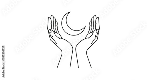 Two cupped hands gently hold a crescent moon creating a serene and spiritual image silhouette high quality professional