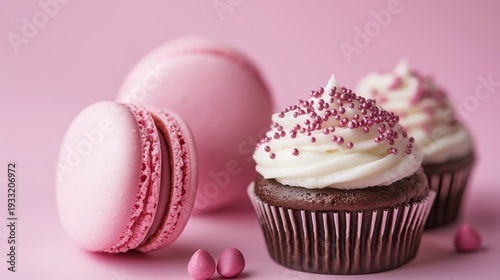 Sweet Treats on Pink Background With Macarons and Chocolate Cupcake