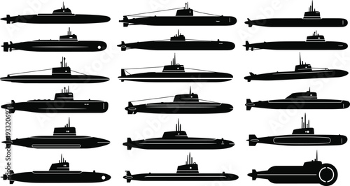 Collection of military submarine silhouettes, black naval underwater vessel icons set, maritime defense fleet vector illustration isolated on white background