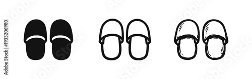 Slippers icon set. Footwear for home, spa, and hotel in solid, outline, and hand-drawn styles, symbolizing comfort.