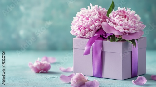Pink Flowers in a Purple Gift Box With Petals on a Blue Background at a Sprin...