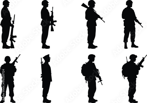 Assortment of eight black silhouette figures representing soldiers in uniform, equipped with rifles, displayed in diverse standing poses.