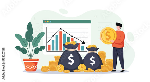 Business professional holding large gold coin standing next to declining financial graph and money bags representing economic crisis or investment loss risk