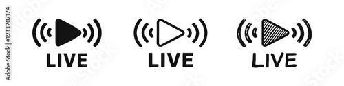 Live streaming and broadcast icon set with play symbol and text in various styles, ideal for online content.