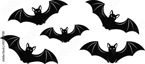 Flying bat silhouette set isolated on white background, spooky halloween animal vector illustration with spread wings