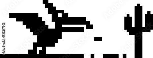 Dinosaur pixel icon retro game style vector silhouettes and outline illustrations, prehistoric animals, desert cactus scene, isolated design element.