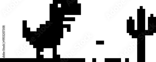 Dinosaur pixel icon retro game style vector silhouettes and outline illustrations, prehistoric animals, desert cactus scene, isolated design element.