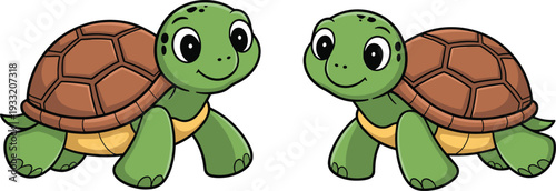 Adorable Cartoon Turtle Pair Smiling Green Sea Tortoises Vector Clipart Isolated on White Background