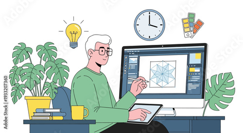 Graphic designer working on desktop computer with digital tablet and stylus creating geometric vector art while sitting in modern office with creative items
