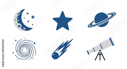 Celestial icons featuring a crescent moon stars planets and astronomical tools