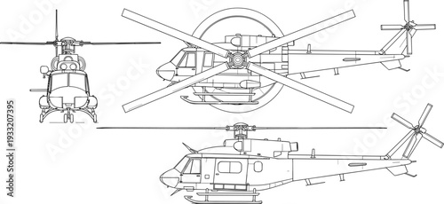 Helicopter technical drawing with front side and top view, detailed aircraft outline vector illustration isolated design
