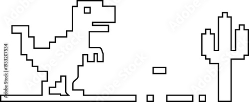 Dinosaur pixel icon retro game style vector silhouettes and outline illustrations, prehistoric animals, desert cactus scene, isolated design element.