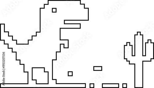 Dinosaur pixel icon retro game style vector silhouettes and outline illustrations, prehistoric animals, desert cactus scene, isolated design element.