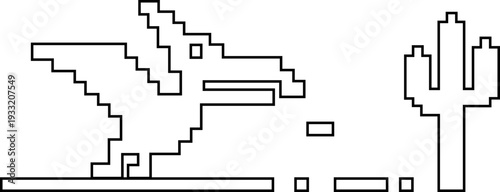 Dinosaur pixel icon retro game style vector silhouettes and outline illustrations, prehistoric animals, desert cactus scene, isolated design element.