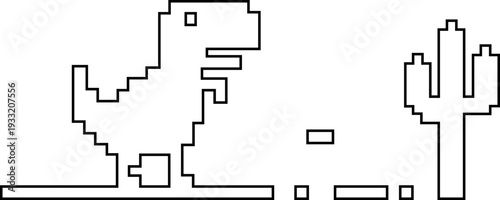 Dinosaur pixel icon retro game style vector silhouettes and outline illustrations, prehistoric animals, desert cactus scene, isolated design element.