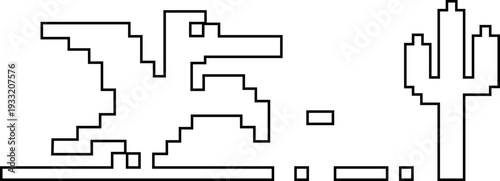 Dinosaur pixel icon retro game style vector silhouettes and outline illustrations, prehistoric animals, desert cactus scene, isolated design element.