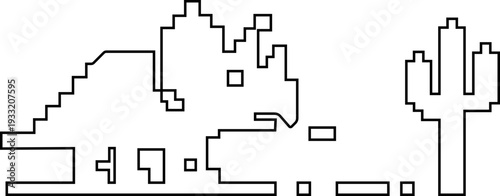 Dinosaur pixel icon retro game style vector silhouettes and outline illustrations, prehistoric animals, desert cactus scene, isolated design element.