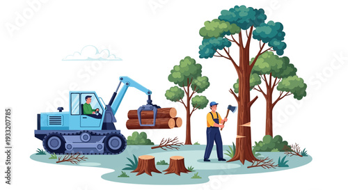 A logger cutting down tree in forest with an axe, while a person operating heavy machinery loading logs onto truck, representing logging industry and wood harvesting