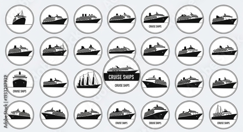 Collection of various ship silhouettes within circular frames, vintage design.
