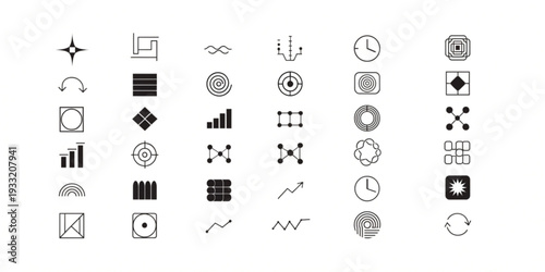 A collection of 30 monochrome icons representing various concepts, symbols, and objects, displayed in a grid layout on a plain background from a straightforward viewpoint.