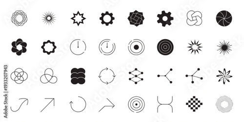 Collection of various black and white abstract icons and symbols on a plain background viewed from a straightforward perspective