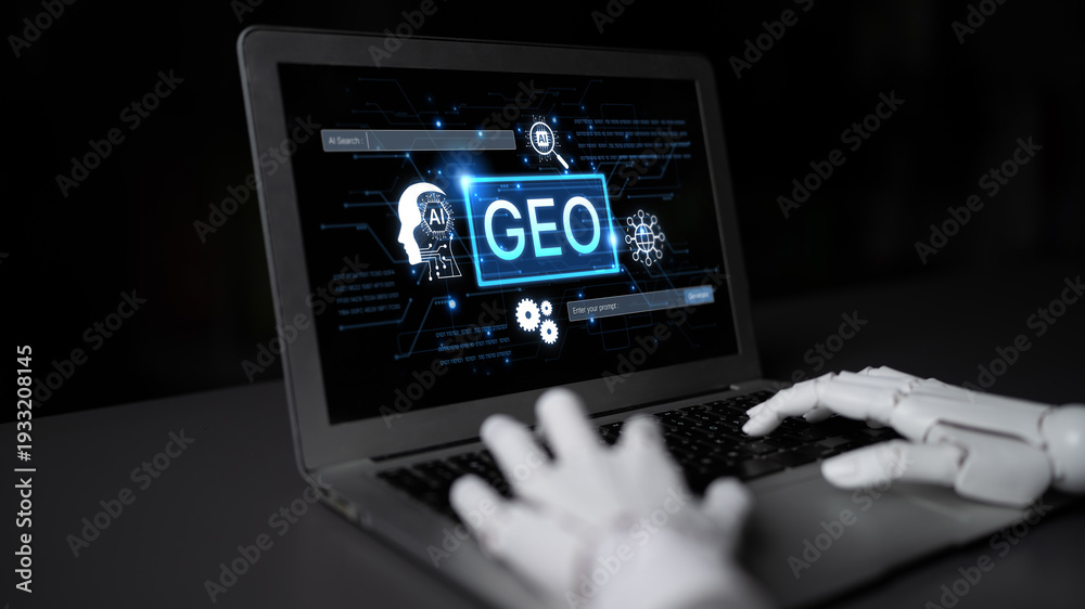 Fototapeta premium Digital marketing concept featuring GEO strategy. Generative AI search visual shows GEO interface integrating intelligence, logic, and AI input system for prompt tasks. Corpus